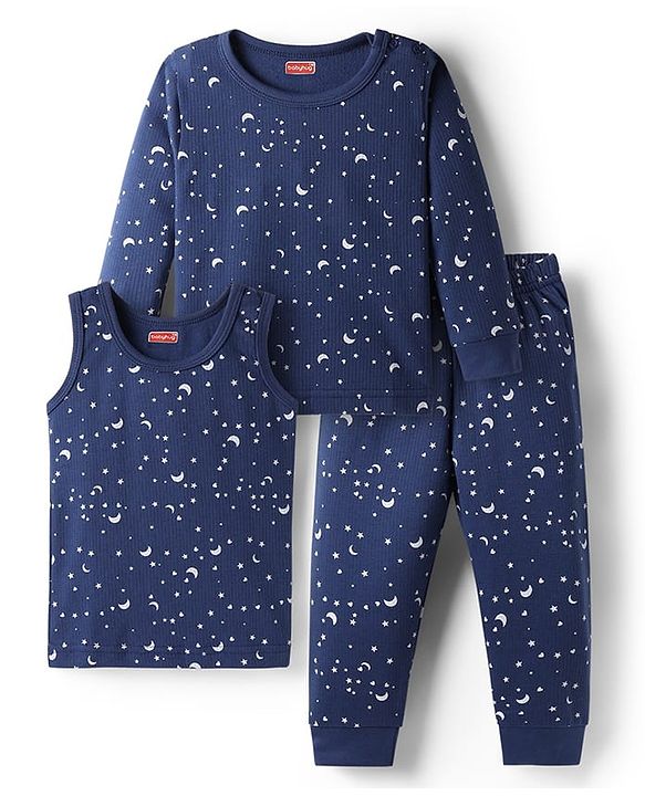 Babyhug Cotton Knit Full Sleeves Star Printed Thermal Wear Set With Vest - Navy Blue