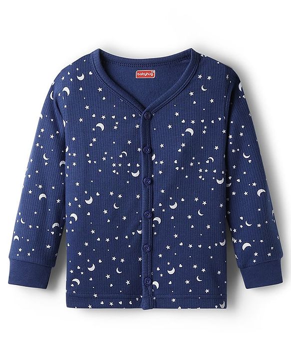 Babyhug Cotton Knit Full Sleeves Star Printed Thermal Wear Set With Vest - Navy Blue