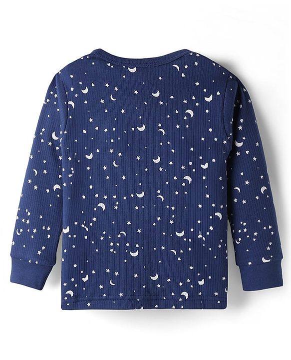 Babyhug Cotton Knit Full Sleeves Star Printed Thermal Wear Set With Vest - Navy Blue