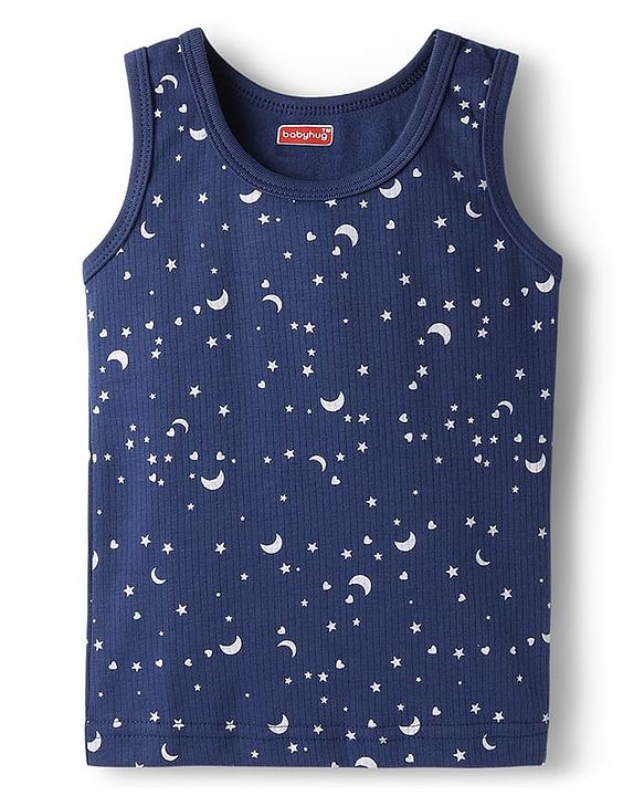 Babyhug Cotton Knit Full Sleeves Star Printed Thermal Wear Set With Vest - Navy Blue