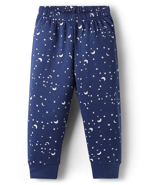 Babyhug Cotton Knit Full Sleeves Star Printed Thermal Wear Set With Vest - Navy Blue