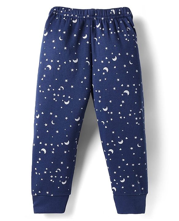 Babyhug Cotton Knit Full Sleeves Star Printed Thermal Wear Set With Vest - Navy Blue