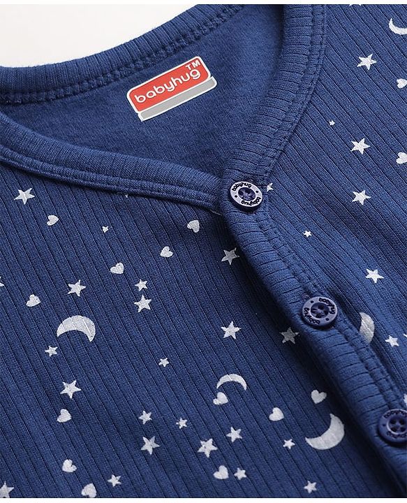 Babyhug Cotton Knit Full Sleeves Star Printed Thermal Wear Set With Vest - Navy Blue