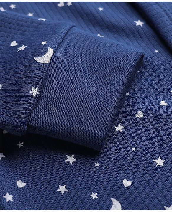 Babyhug Cotton Knit Full Sleeves Star Printed Thermal Wear Set With Vest - Navy Blue
