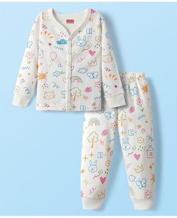 Babyhug Knit  Full Sleeves Front Open Thermal Vest And Pant Set With Animal Print - Off-White