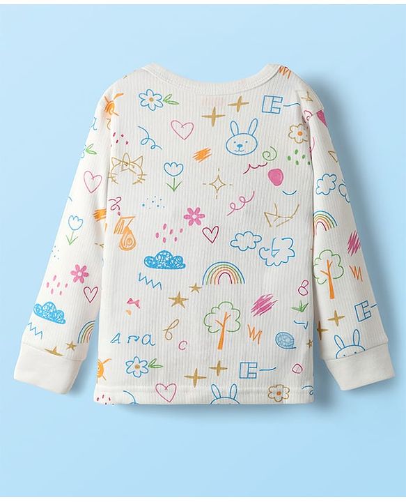 Babyhug Knit  Full Sleeves Front Open Thermal Vest And Pant Set With Animal Print - Off-White