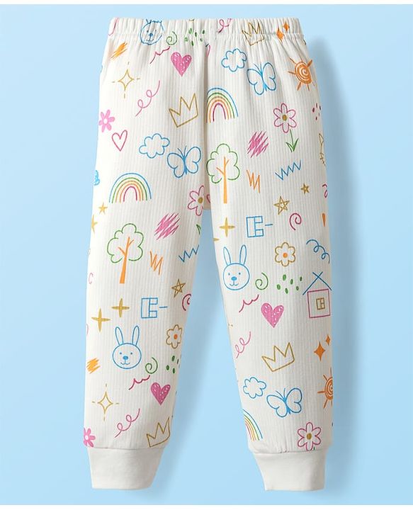 Babyhug Knit  Full Sleeves Front Open Thermal Vest And Pant Set With Animal Print - Off-White
