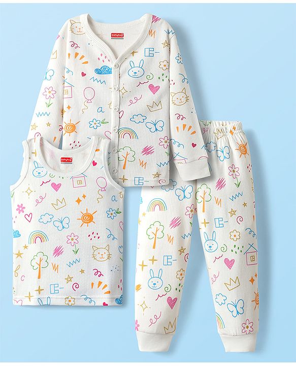 Babyhug  Knit Full Sleeves Thermal Set with Animal Print - Off-White