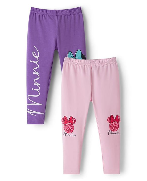 Babyhug Disney Cotton Knit Full Length Leggings With Minnie Mouse Graphics Pack Of 2 - Purple & Pink