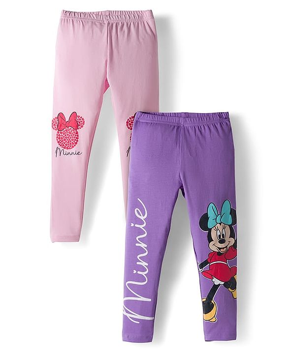 Babyhug Disney Cotton Knit Full Length Leggings With Minnie Mouse Graphics Pack Of 2 - Purple & Pink