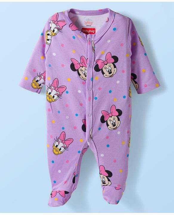 Babyhug Disney Full Sleeves Footed Sleep Suit With Minnie & Friends Graphics Pack Of 2 - Purple & White