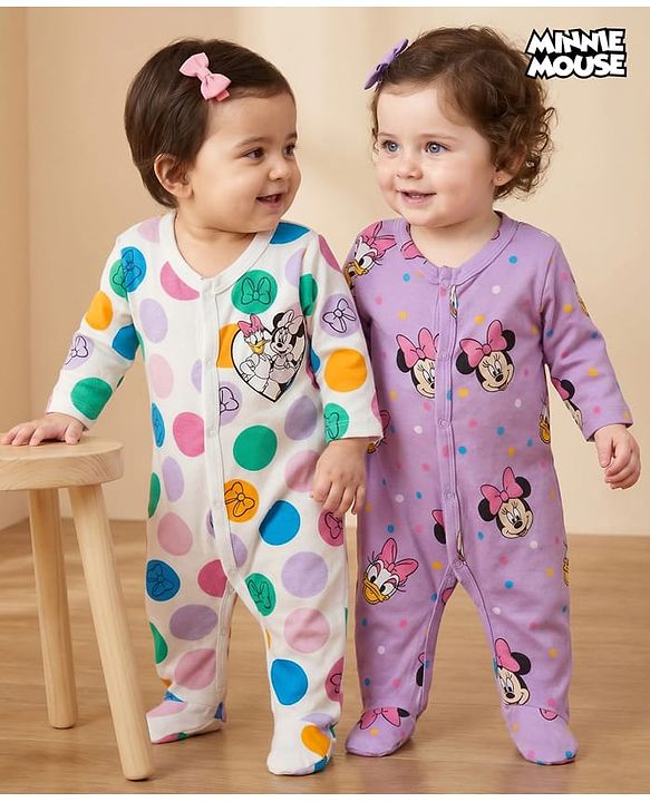 Babyhug Disney Full Sleeves Footed Sleep Suit With Minnie & Friends Graphics Pack Of 2 - Purple & White