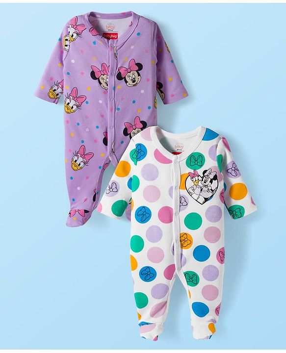 Babyhug Disney Full Sleeves Footed Sleep Suit With Minnie & Friends Graphics Pack Of 2 - Purple & White