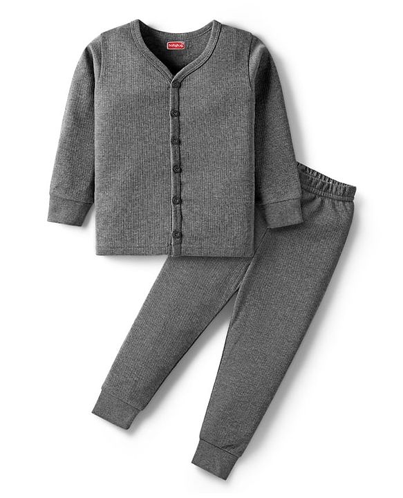 Babyhug Knit Full Sleeves Solid Color Thermal Vest & Pant Set - Grey