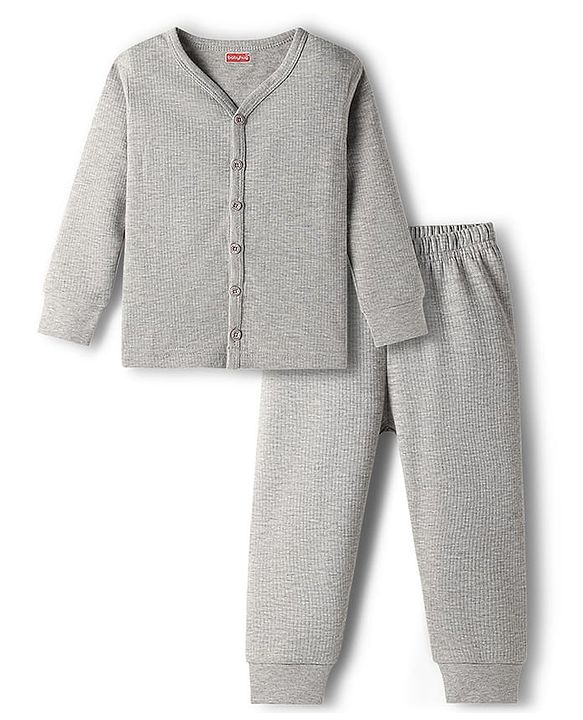 Babyhug Knit Full Sleeves Solid Front Open Thermal Set - Light Grey