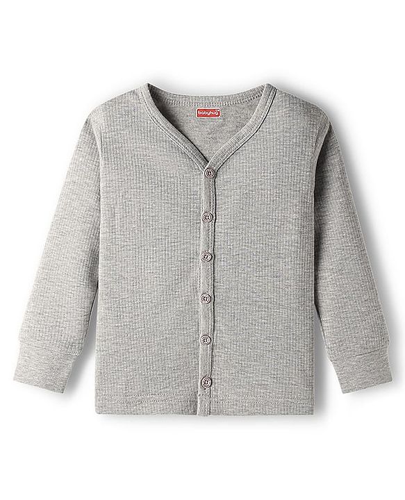 Babyhug Knit Full Sleeves Solid Front Open Thermal Set - Light Grey