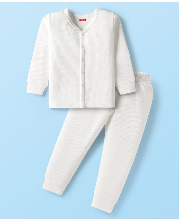 Babyhug Knit Full Sleeves Solid Color Thermal Vest & Pant Set - Off White
