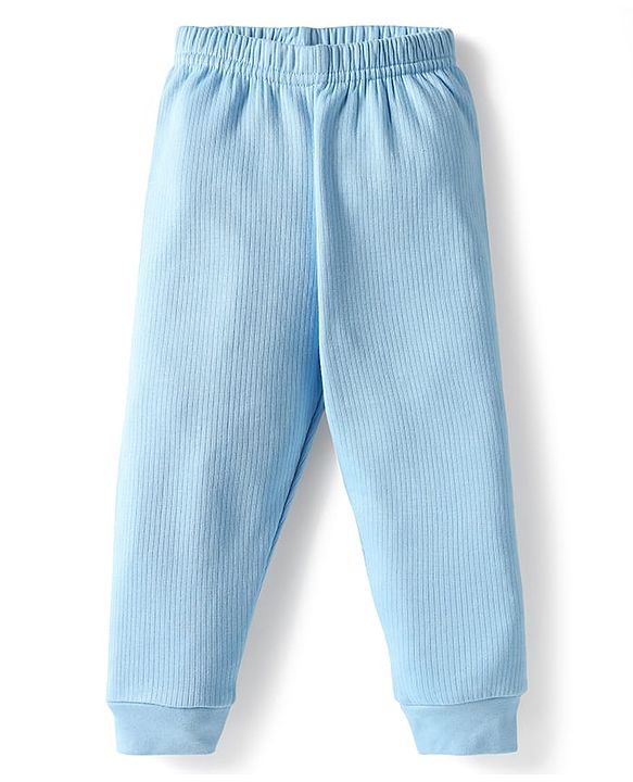 Babyhug Knit Full Sleeves Solid Color Thermal Vest & Pant Set - Light Blue