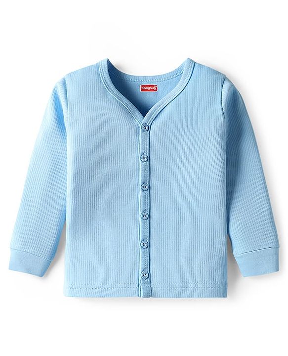 Babyhug Knit Full Sleeves Solid Color Thermal Vest & Pant Set - Light Blue