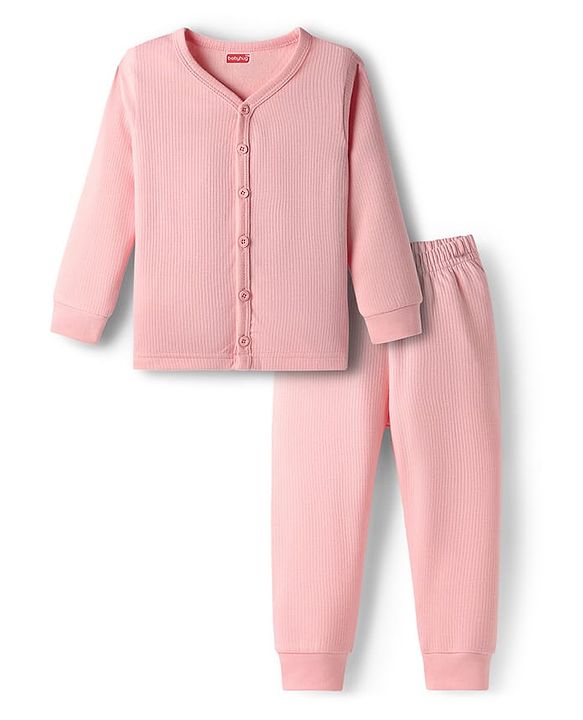 Babyhug Cotton Knit Full Sleeves Front Open Solid Coloured Thermal Wear Jhabla & Pant Set - Pink