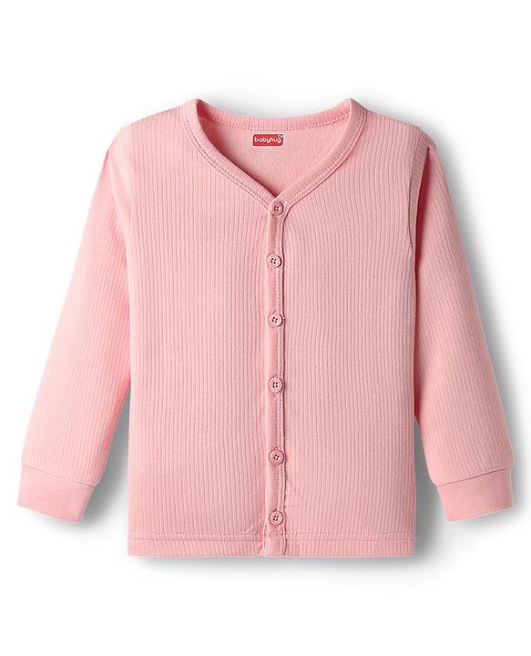 Babyhug Cotton Knit Full Sleeves Front Open Solid Coloured Thermal Wear Jhabla & Pant Set - Pink