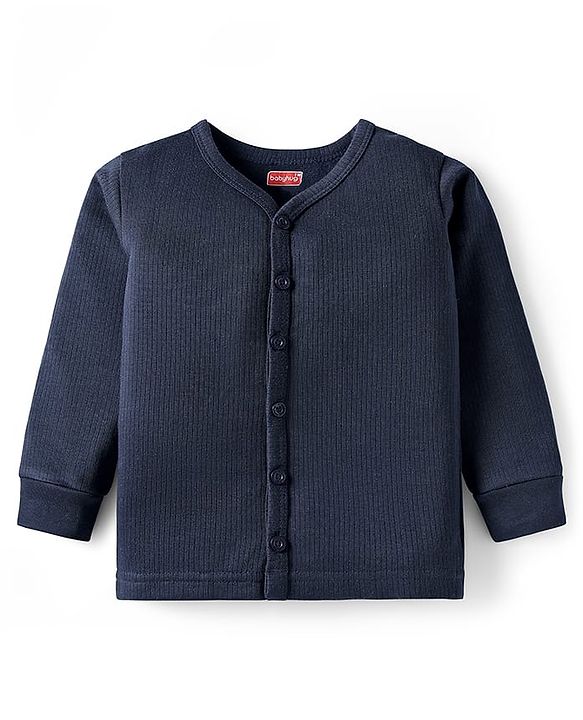 Babyhug Knit Full Sleeves Solid Color Thermal Vest & Pant Set - Navy Blue