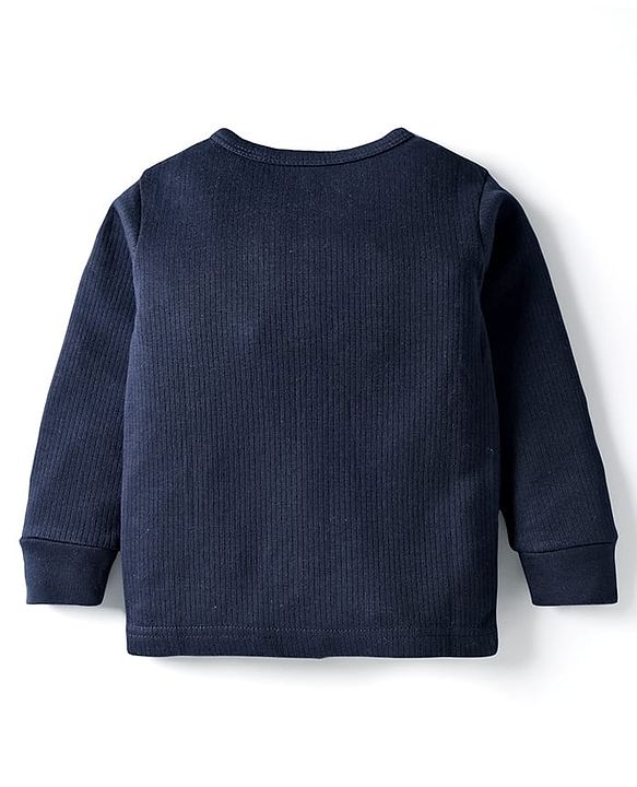 Babyhug Knit Full Sleeves Solid Color Thermal Vest & Pant Set - Navy Blue