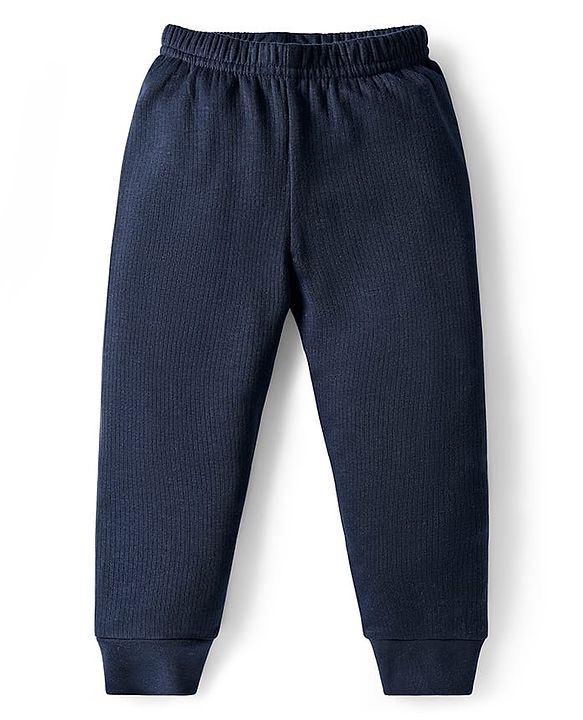 Babyhug Knit Full Sleeves Solid Color Thermal Vest & Pant Set - Navy Blue