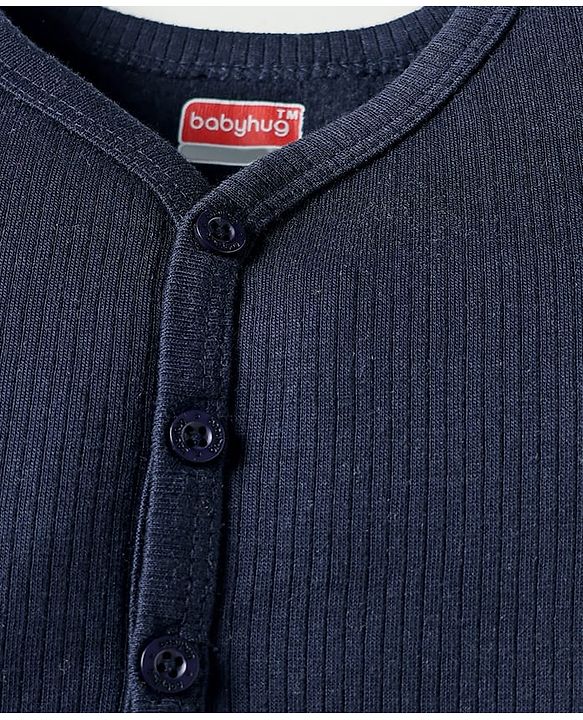 Babyhug Knit Full Sleeves Solid Color Thermal Vest & Pant Set - Navy Blue