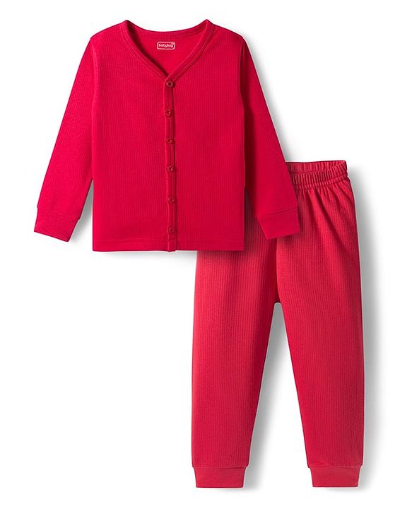 Babyhug Knit Full Sleeves Front Open Solid Thermal Vest & Pant Set - Red