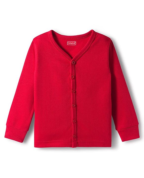 Babyhug Knit Full Sleeves Front Open Solid Thermal Vest & Pant Set - Red