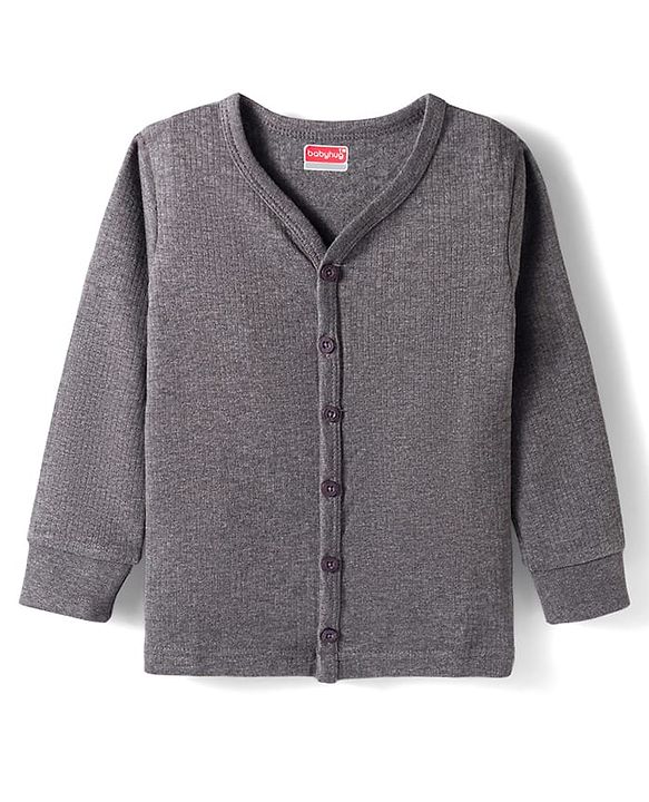 Babyhug Cotton Knit Full Sleeves Front Open Solid Colour Thermal Vest - Grey