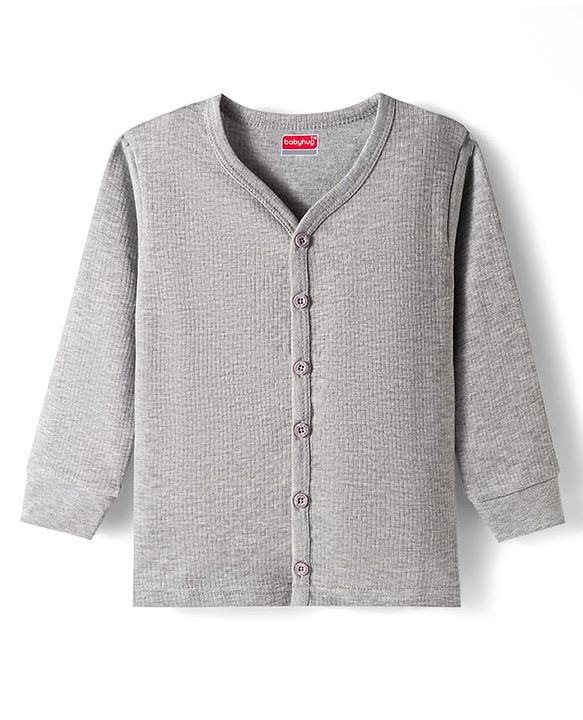 Babyhug Cotton Knit Full Sleeves Front Open Thermal Vests With Stripes - Light Grey