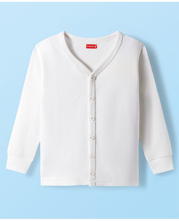 Babyhug Knit Full Sleeves Front Open Solid Color Thermal Inner Wear Vest - Offwhite