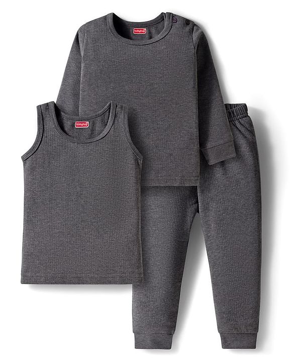 Babyhug Knit Full Sleeves Solid Thermal Set with Vest - Dark Grey