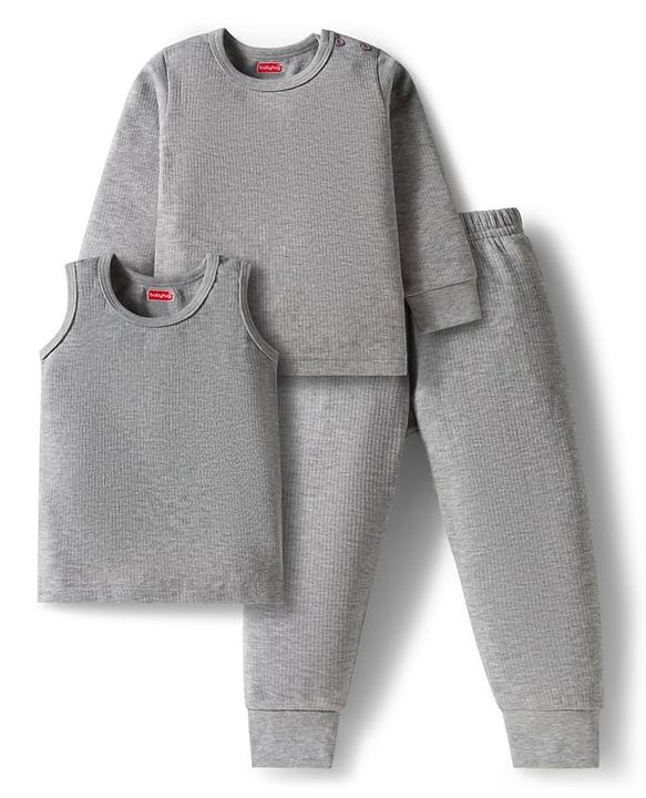 Babyhug Knit Full Sleeves Solid Thermal Set with Vest - Light Grey
