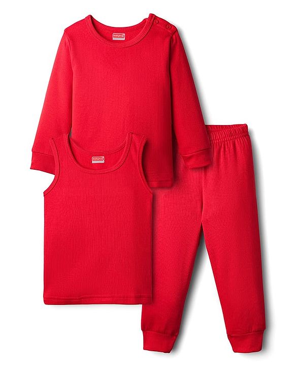 Babyhug Knit Full Sleeves Solid Thermal Vest & Pant Set - Red