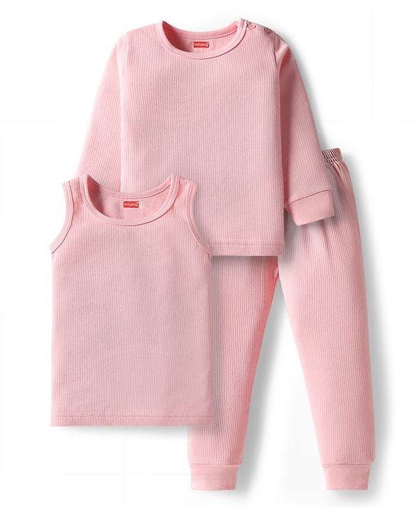 Babyhug Knit Full Sleeves Solid Pullover Thermal Set with Vest - Pink