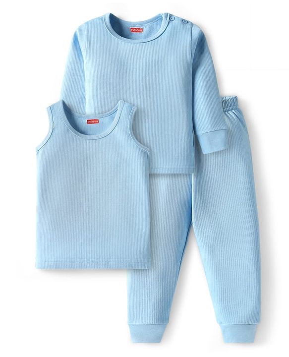 Babyhug Knit Full Sleeves Solid Color Thermal Vests & Pant Set - Light Blue