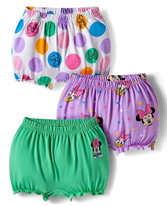 Babyhug Disney Single Jersey Knit Bloomers with Minnie & Friends Graphic Pack of 3 - Green Purple & White