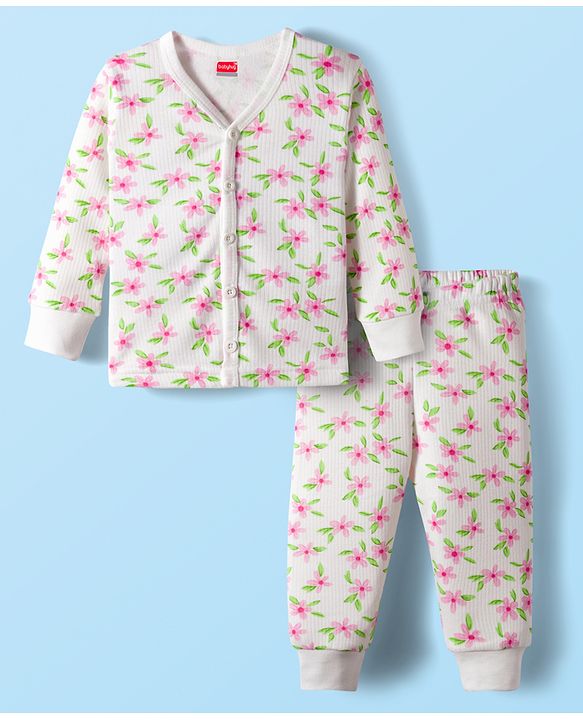 Babyhug Knit Full Sleeves Front Open Thermal Co-Ord Set With Floral Print - Off White
