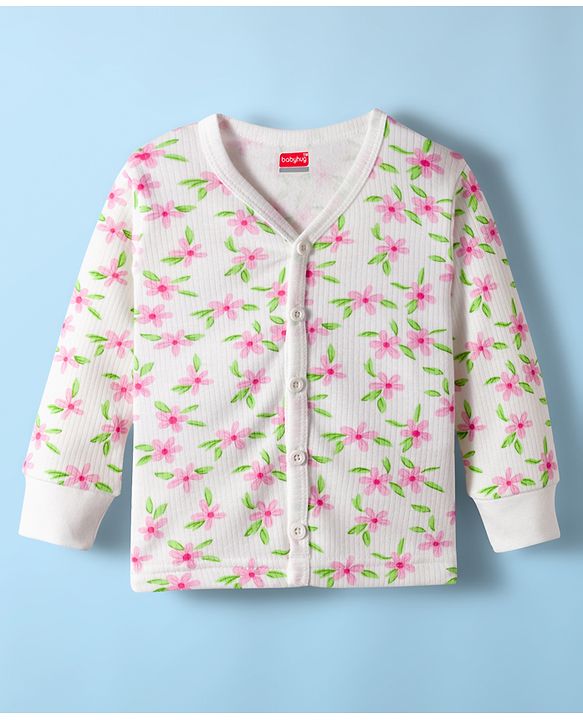 Babyhug Knit Full Sleeves Front Open Thermal Co-Ord Set With Floral Print - Off White