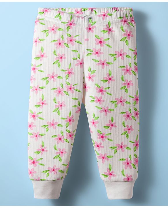 Babyhug Knit Full Sleeves Front Open Thermal Co-Ord Set With Floral Print - Off White