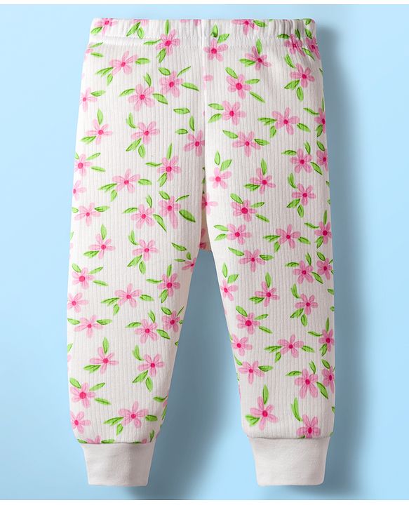 Babyhug Knit Full Sleeves Front Open Thermal Co-Ord Set With Floral Print - Off White