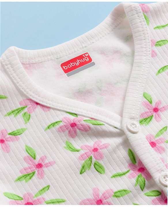 Babyhug Knit Full Sleeves Front Open Thermal Co-Ord Set With Floral Print - Off White