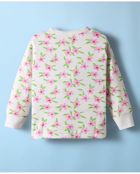 Babyhug Knit Full Sleeves Front Open Thermal Co-Ord Set With Floral Print - Off White
