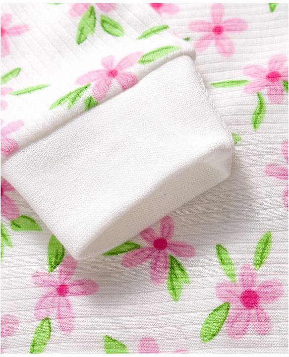 Babyhug Knit Full Sleeves Front Open Thermal Co-Ord Set With Floral Print - Off White
