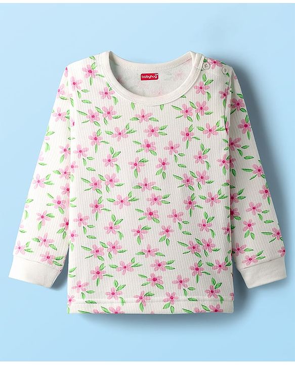 Babyhug Cotton Knit Full Sleeves Floral Printed Thermal Wear Set With Vest - Off White