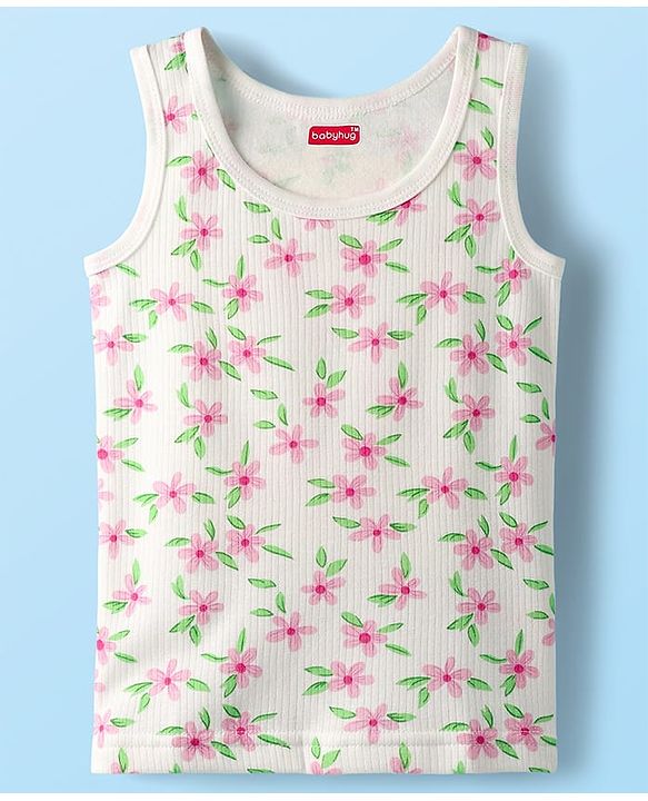 Babyhug Cotton Knit Full Sleeves Floral Printed Thermal Wear Set With Vest - Off White