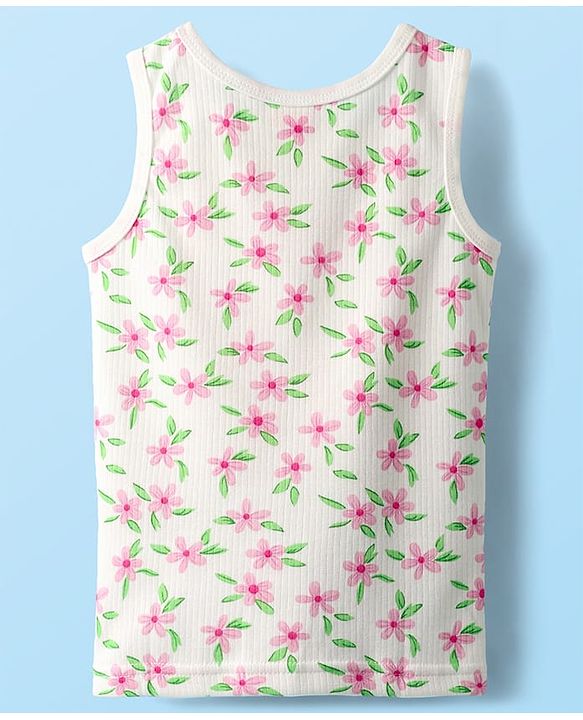 Babyhug Cotton Knit Full Sleeves Floral Printed Thermal Wear Set With Vest - Off White